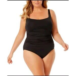 Anne Cole Womens Sz 18W Classic Black Square Neck Shirred One-Piece Swimsuit